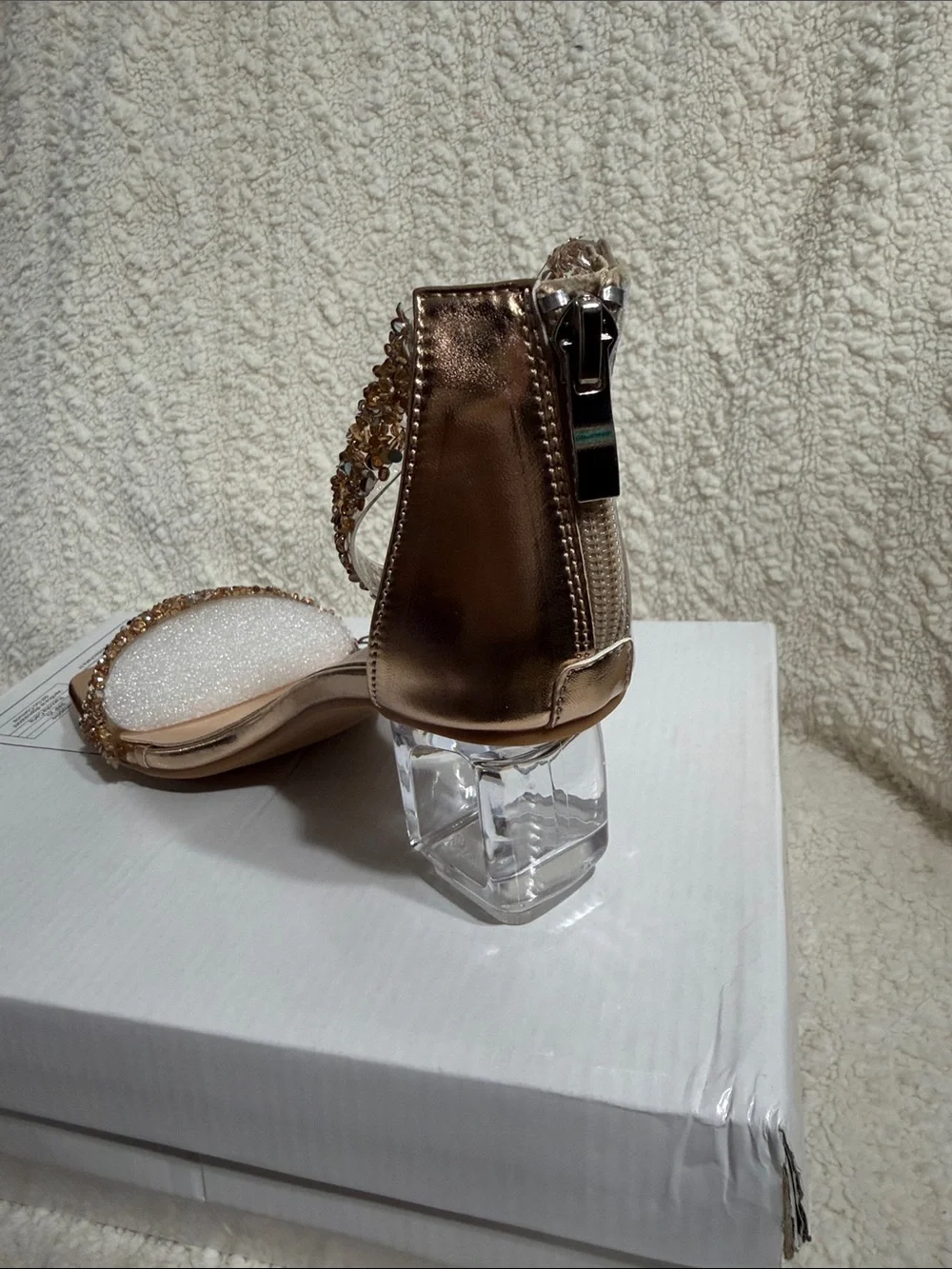 Amazon Rose Gold Crystal Strap Block Heel Sandal